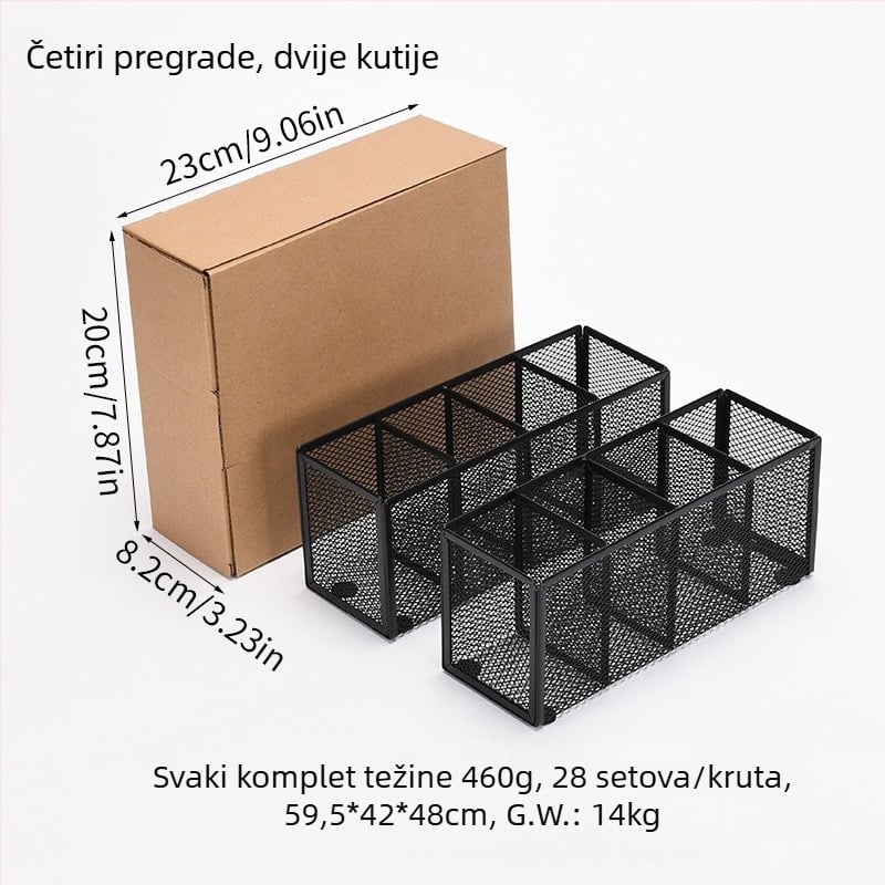 Metalni organizator za stolno korištenje s više odjeljaka (3 ili 4), držač olovaka i kozmetički organizator, mogućnost prilagodbe