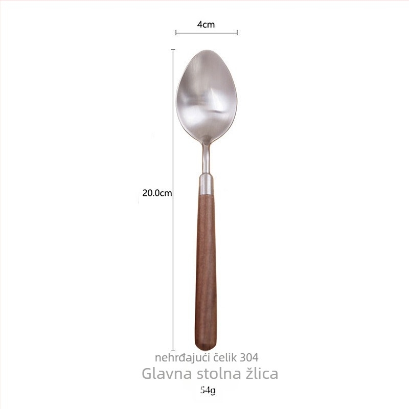 Set pribora s drškom od orahovog drveta, 304 nehrđajući čelik: nož za steak, vilica i žlica za desert – ručno izrađeno, lagani luksuzni stil