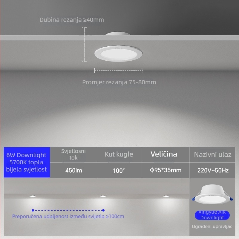 Ugradni LED downlight za plafon, skrivena montaža, 220V, CRI 80–89, kućište od hladno valjanog čelika, 3C certifikat 2020011001289084