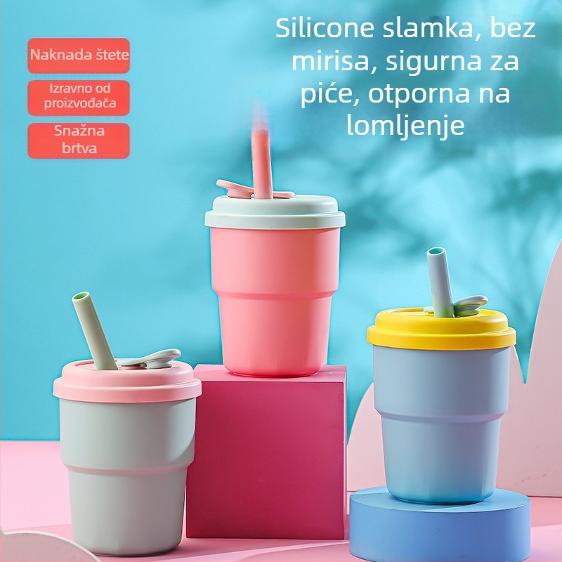 Dječja čaša za piće sa silikonskom slamkom, plastična, crtani stil, otporna na padove