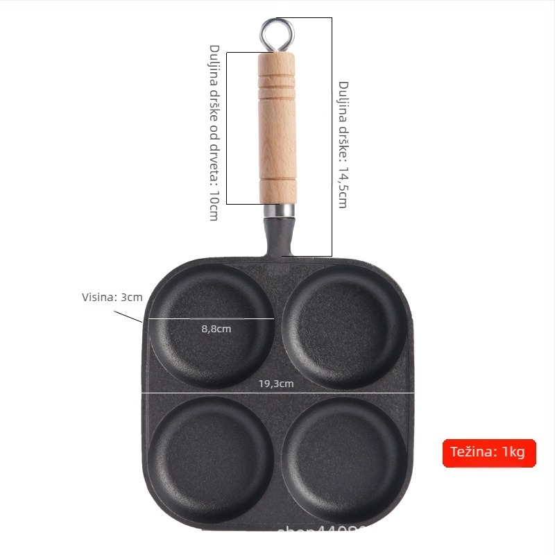 Lijevana tava od lijevanog željeza s četiri rupe, bez premazivanja, plosno dno, za omlete, palačinke i burger od jajeta