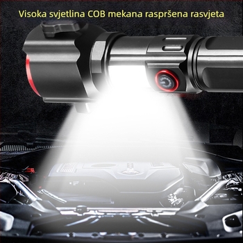 LED baterijska svjetiljka s sigurnosnim čekićem, bijeli laser, 5000mAh baterija, Type-C punjenje, COB bočno svjetlo, dvostruki izvor svjetla, domet 500 m+