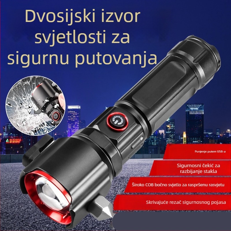 LED baterijska svjetiljka s sigurnosnim čekićem, bijeli laser, 5000mAh baterija, Type-C punjenje, COB bočno svjetlo, dvostruki izvor svjetla, domet 500 m+