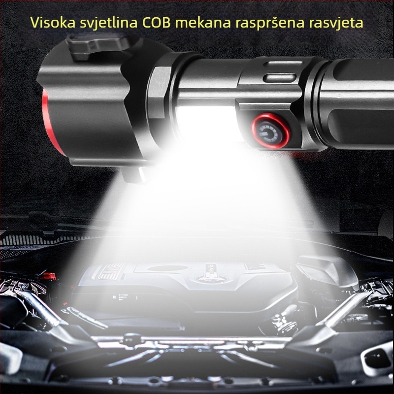 LED baterijska svjetiljka s sigurnosnim čekićem, bijeli laser, 5000mAh baterija, Type-C punjenje, COB bočno svjetlo, dvostruki izvor svjetla, domet 500 m+