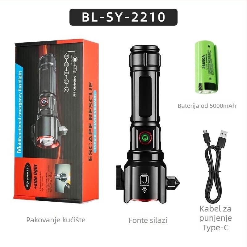 LED baterijska svjetiljka s sigurnosnim čekićem, bijeli laser, 5000mAh baterija, Type-C punjenje, COB bočno svjetlo, dvostruki izvor svjetla, domet 500 m+