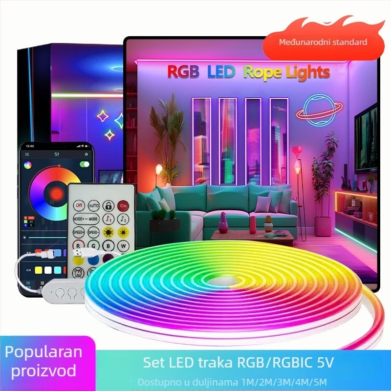 5V LED neonska traka, 3535 LED, 60/m, regulacija svjetline, Bluetooth/Wi‑Fi daljinsko upravljanje