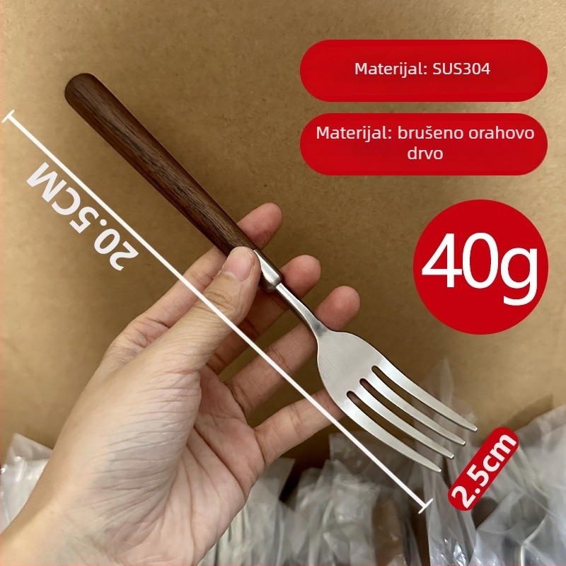 Set pribora od nehrđajućeg čelika 304 s ručkom od orašastog drveta — nož, vilica i žlica za kućnu uporabu (lagani luksuzni retro stil)