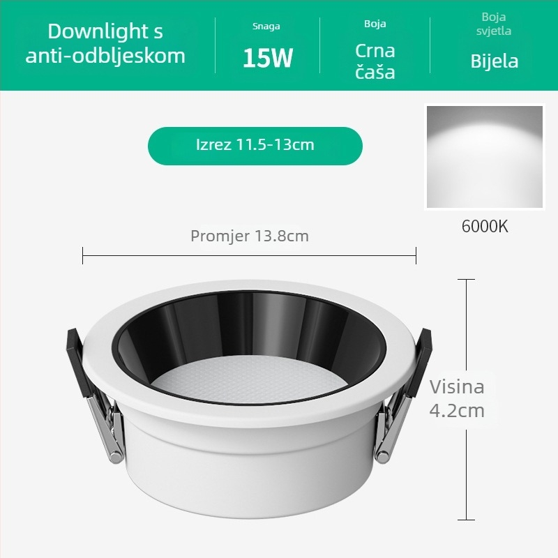 Ultra-tanki LED downlight visokog kapaciteta s anti-glare dubokim kupolom, za trgovine odjećom, 220V, 6000K, aluminijsko kućište, trajanje 20000h