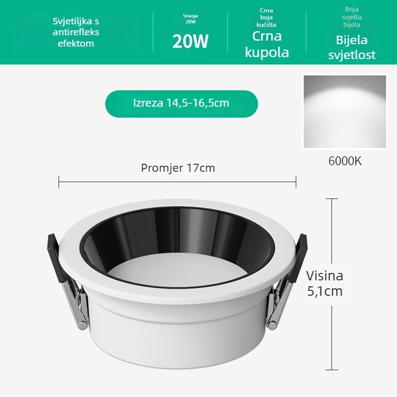 Ultra-tanki LED downlight visokog kapaciteta s anti-glare dubokim kupolom, za trgovine odjećom, 220V, 6000K, aluminijsko kućište, trajanje 20000h