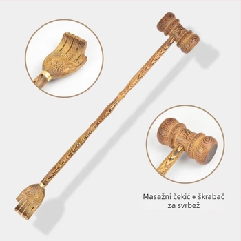 Drevesni alat za svrbež i dvostruki funkcionalni masežni čekić s dugom drškom, ručno izrađena tekstura, materijal Redwood, moderan minimalistički stil za dom
