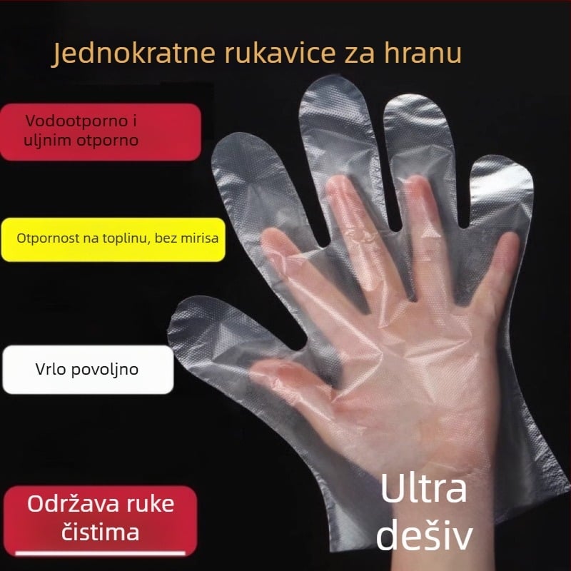 Jednokratne rukavice za prehrambenu industriju, prozirne PE rukavice, otporne na ulje i mrlje, debljina 0,6–1,0 mm, 100 komada