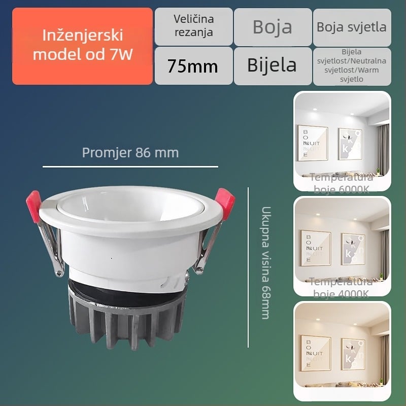 LED zidni reflektor, ugradbeni, anti-glare, CRI≥90, 220V, aluminijsko kućište