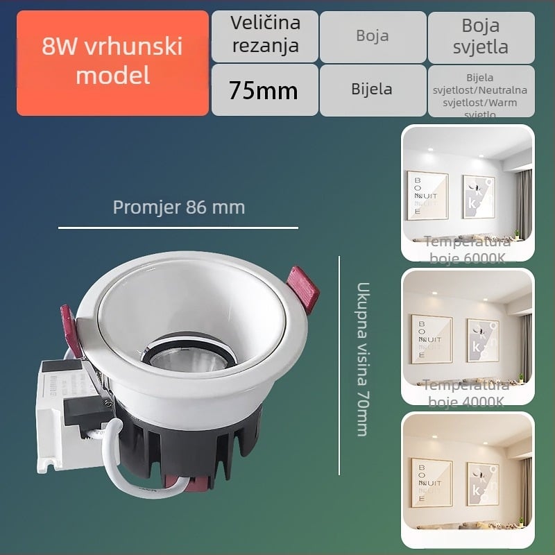 LED zidni reflektor, ugradbeni, anti-glare, CRI≥90, 220V, aluminijsko kućište