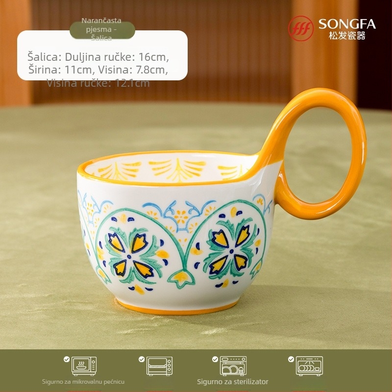 Porcelanska šalica za doručak s ručno oslikanom drškom u obliku cvijeta – premium bijela keramika, trodjelni set, otporan na visoke temperature, mogućnost prilagođenog logotipa