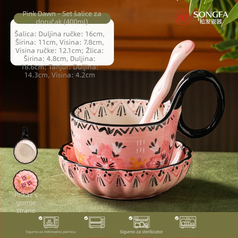 Porcelanska šalica za doručak s ručno oslikanom drškom u obliku cvijeta – premium bijela keramika, trodjelni set, otporan na visoke temperature, mogućnost prilagođenog logotipa