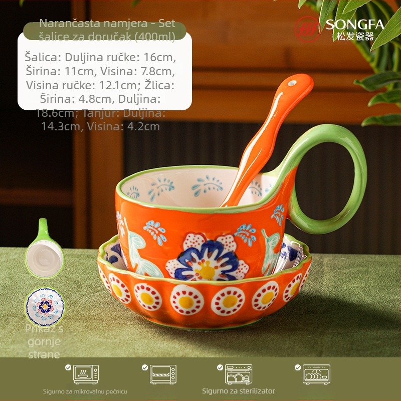 Porcelanska šalica za doručak s ručno oslikanom drškom u obliku cvijeta – premium bijela keramika, trodjelni set, otporan na visoke temperature, mogućnost prilagođenog logotipa