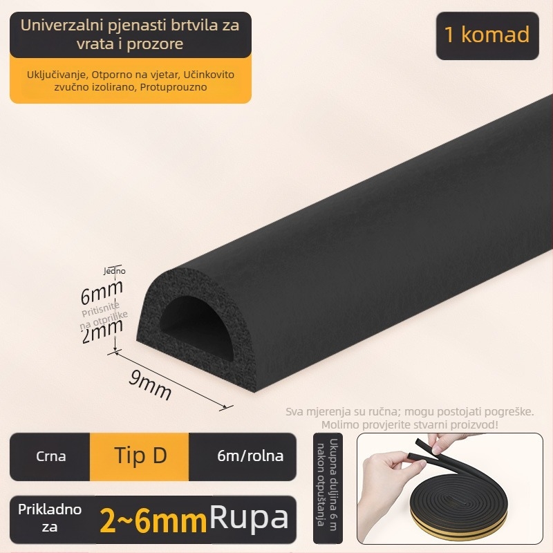 EPDM traka za brtvljenje spojeva vrata i prozora – D-tip, samoljepljiva, otporna na habanje, zvučna izolacija