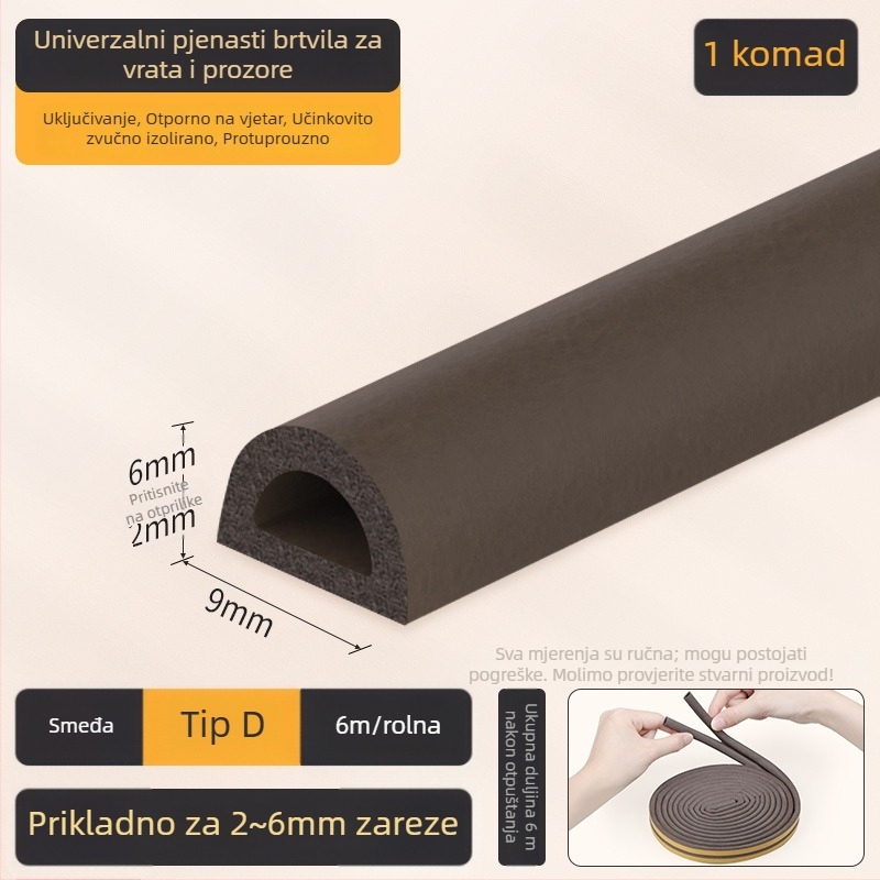 EPDM traka za brtvljenje spojeva vrata i prozora – D-tip, samoljepljiva, otporna na habanje, zvučna izolacija