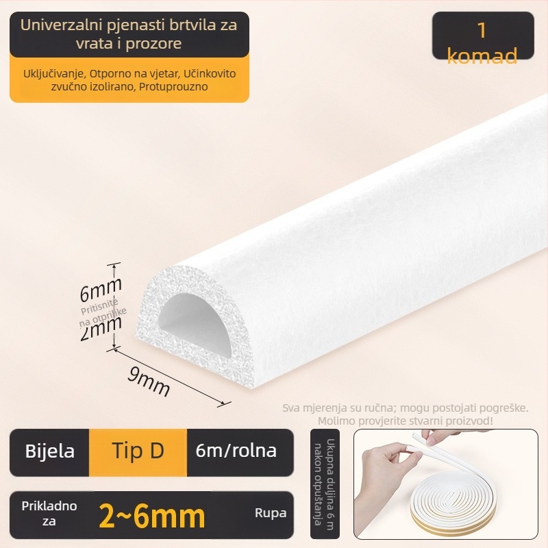 EPDM traka za brtvljenje spojeva vrata i prozora – D-tip, samoljepljiva, otporna na habanje, zvučna izolacija