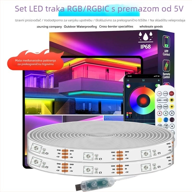 Vanjska RGBIC LED traka, 18 LED 5050, ulaz 5V, IP68 vodootporna, regulacija svjetline