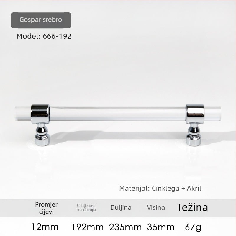 Ručka za vrata ormarića – Model 96 • Materijali: akril, cinkova legura • Stil: moderan minimalistički • Za vrata ormarića