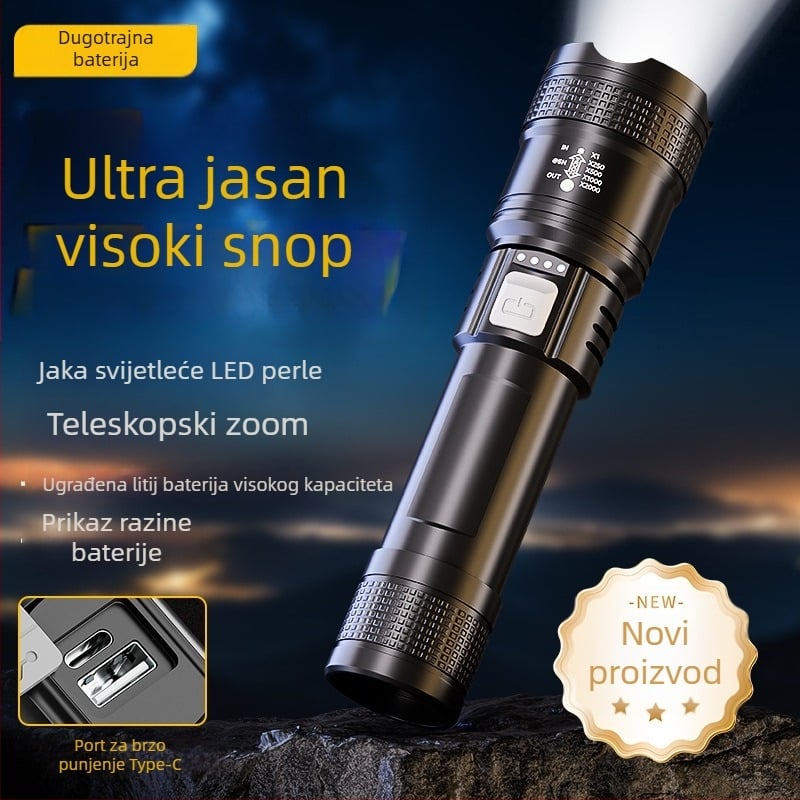Prijenosna vanjska LED svjetiljka, 20W, ugrađena 18650 baterija, domet 100–200 m, kompaktna i snažna.
