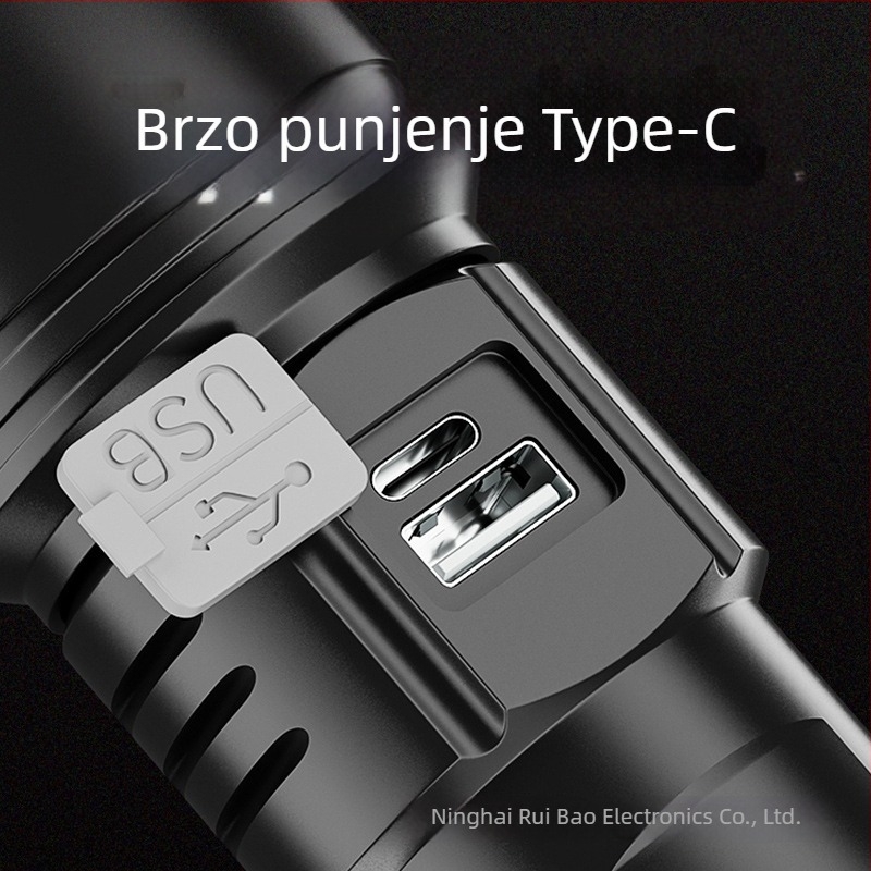Prijenosna vanjska LED svjetiljka, 20W, ugrađena 18650 baterija, domet 100–200 m, kompaktna i snažna.