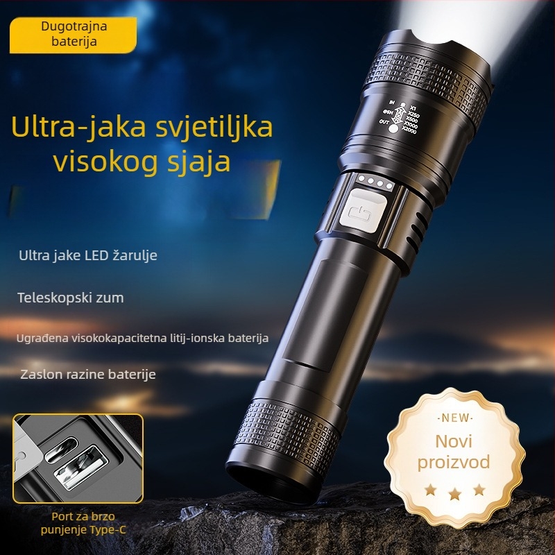 Prijenosna vanjska LED svjetiljka, 20W, ugrađena 18650 baterija, domet 100–200 m, kompaktna i snažna.