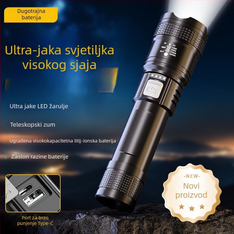 Prijenosna vanjska LED svjetiljka, 20W, ugrađena 18650 baterija, domet 100–200 m, kompaktna i snažna.