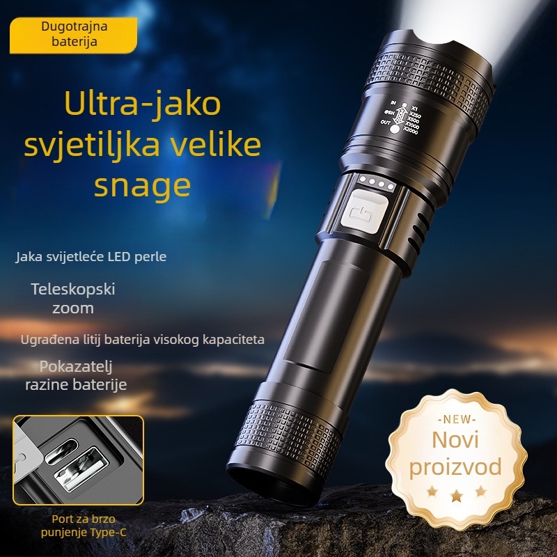 Prijenosna vanjska LED svjetiljka, 20W, ugrađena 18650 baterija, domet 100–200 m, kompaktna i snažna.