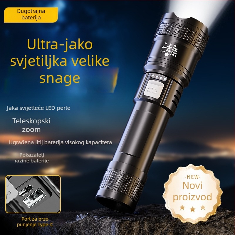 Prijenosna vanjska LED svjetiljka, 20W, ugrađena 18650 baterija, domet 100–200 m, kompaktna i snažna.