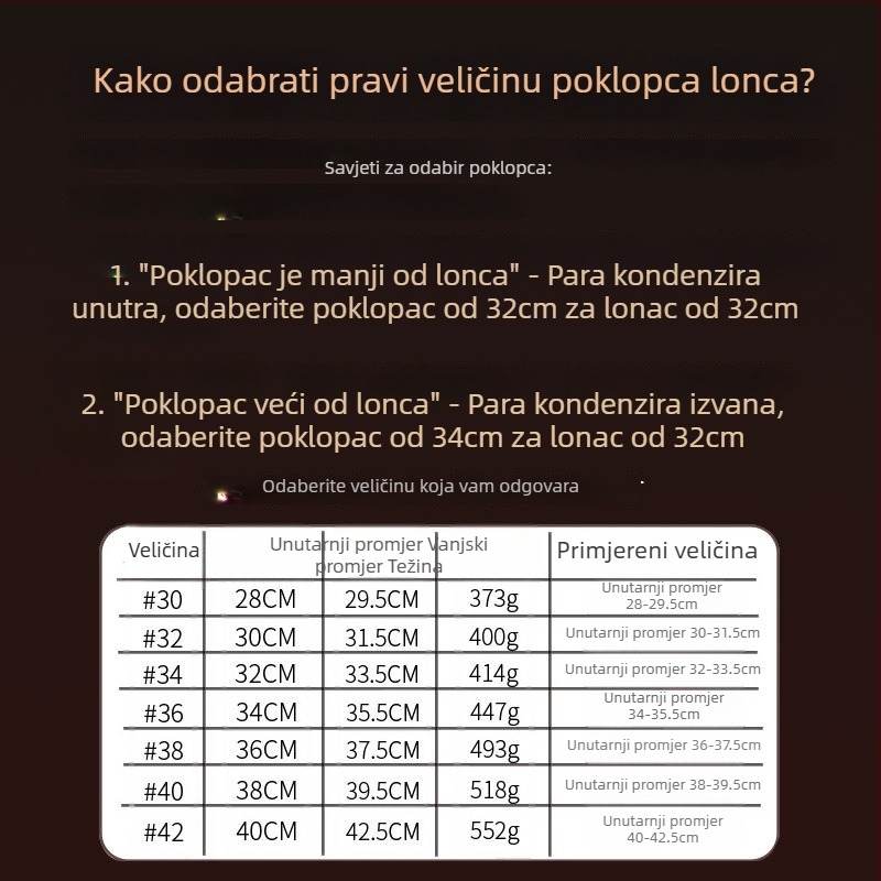 Poklopac za lonac od nehrđajućeg čelika • Model: poklopac od nehrđajućeg čelika • Težina: 0,4–0,6 kg • Marka: AKL • Prilagodba: Da