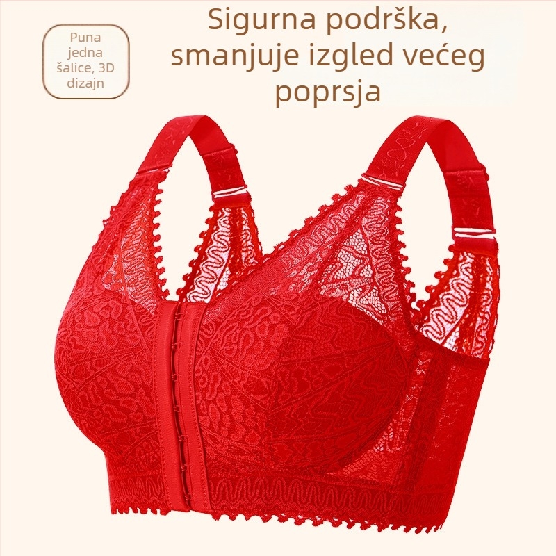 Grudnjak s košaricama 3/4, tanke oblikovane košarice, prednje kopčanje, odvijajuće dvostruke naramenice, čipasta najlon tkanina