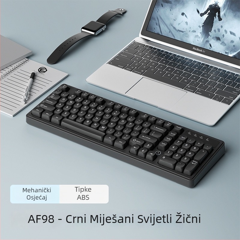 AF98 membranska tipkovnica s 88–98 tipki, RGB pozadinsko osvjetljenje, trostruka povezanost (Bluetooth, USB-C kabel, 2.4G bežično), vodootporna, kućište od ABS.