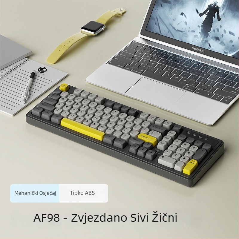 AF98 membranska tipkovnica s 88–98 tipki, RGB pozadinsko osvjetljenje, trostruka povezanost (Bluetooth, USB-C kabel, 2.4G bežično), vodootporna, kućište od ABS.