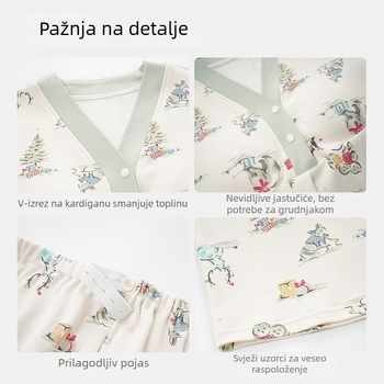 Majčinski pamučni komplet za dojenje, 100% pamuk, tanak jesenski stil, antibakterijski, s podrškom za dojke, V-izrez, dugi rukavi, hlače