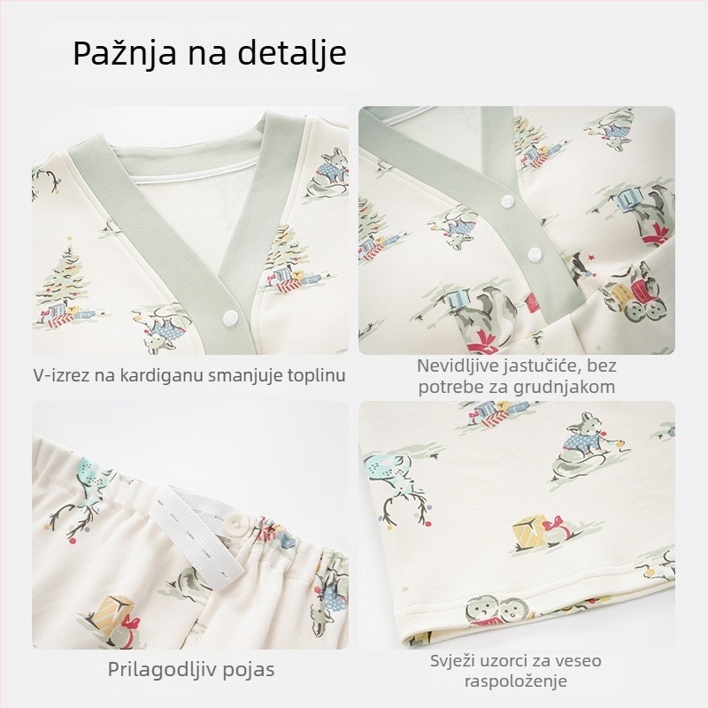 Majčinski pamučni komplet za dojenje, 100% pamuk, tanak jesenski stil, antibakterijski, s podrškom za dojke, V-izrez, dugi rukavi, hlače
