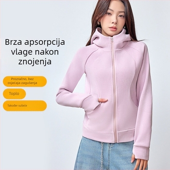 Ženski kapucja kardigan s flisom, uski kroj, dugi rukavi, polovični visok ovratnik, američki stil, poliestersko-elastanska smjesa