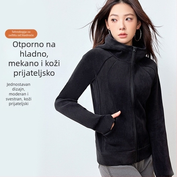 Ženski kapucja kardigan s flisom, uski kroj, dugi rukavi, polovični visok ovratnik, američki stil, poliestersko-elastanska smjesa