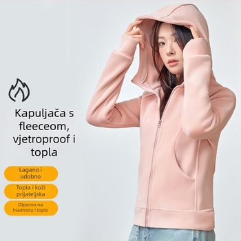 Ženski kapucja kardigan s flisom, uski kroj, dugi rukavi, polovični visok ovratnik, američki stil, poliestersko-elastanska smjesa