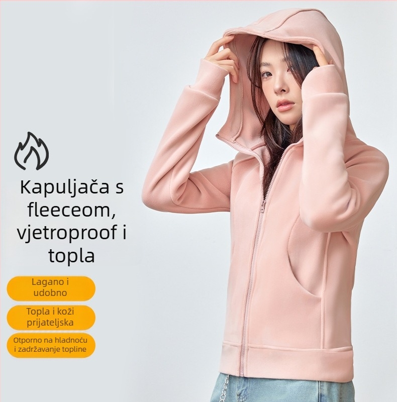 Ženski kapucja kardigan s flisom, uski kroj, dugi rukavi, polovični visok ovratnik, američki stil, poliestersko-elastanska smjesa
