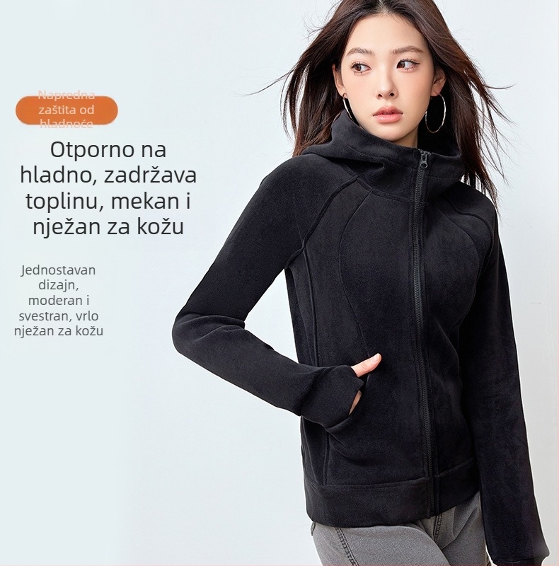 Ženski kapucja kardigan s flisom, uski kroj, dugi rukavi, polovični visok ovratnik, američki stil, poliestersko-elastanska smjesa