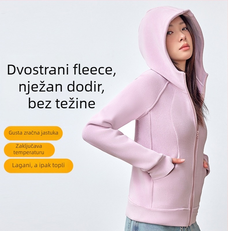 Ženski kapucja kardigan s flisom, uski kroj, dugi rukavi, polovični visok ovratnik, američki stil, poliestersko-elastanska smjesa