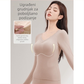 Ženski termalni set donjeg rublja s integriranom jastučićem za grudi, gust poliester, V-izrez, dugi rukav, hlače (poliester; integrirana jastučić; V-izrez; gust materijal)