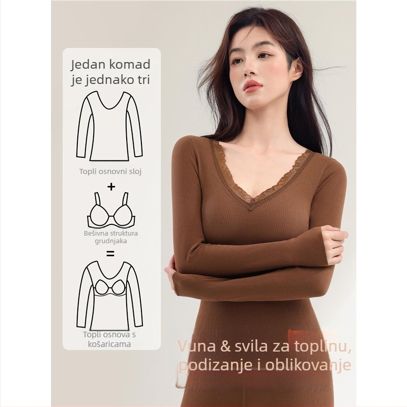 Ženski termalni set donjeg rublja s integriranom jastučićem za grudi, gust poliester, V-izrez, dugi rukav, hlače (poliester; integrirana jastučić; V-izrez; gust materijal)