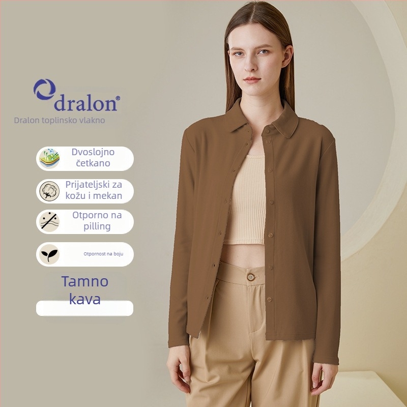 Košula jedne boje, elegantan gradski stil, okrugli ovratnik, dugi rukavi, zatvaranje jednim redom gumba i kopčama, glavna tkanina: akrilno vlakno 30-50% i viskoza 50-70%, Zima 2023