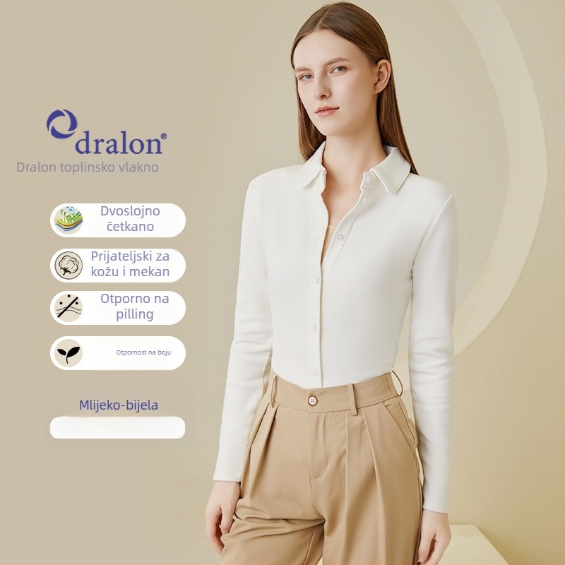 Košula jedne boje, elegantan gradski stil, okrugli ovratnik, dugi rukavi, zatvaranje jednim redom gumba i kopčama, glavna tkanina: akrilno vlakno 30-50% i viskoza 50-70%, Zima 2023