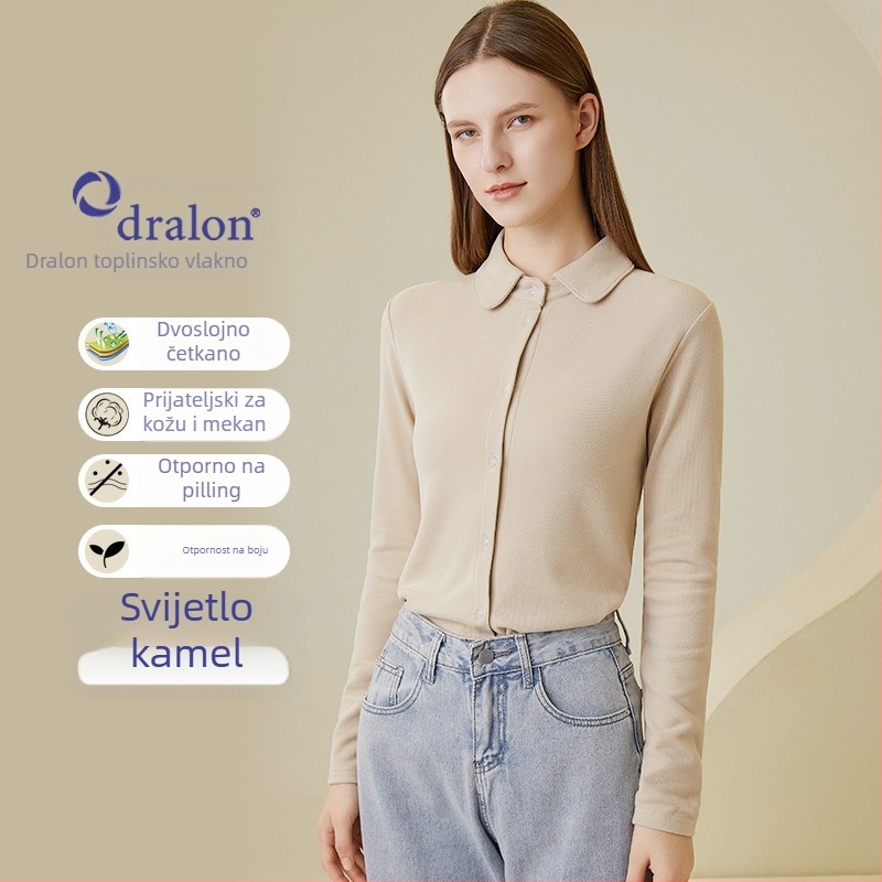 Košula jedne boje, elegantan gradski stil, okrugli ovratnik, dugi rukavi, zatvaranje jednim redom gumba i kopčama, glavna tkanina: akrilno vlakno 30-50% i viskoza 50-70%, Zima 2023