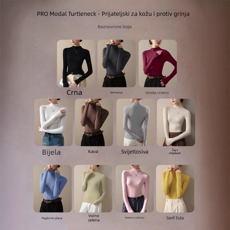 Ženska majica s visokim ovratnikom, dugim rukavima, slim fit, pulover stil; modal-viskozni spoj s spandeksom <30%