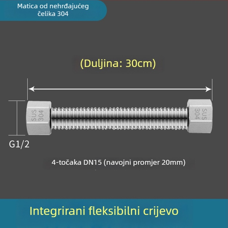 Vruća i hladna vodovodna uvoza od nehrđajućeg čelika 304, zavaren cijev, navojni spoj, 1,6 MPa, 100°C, za toplu i hladnu vodu te dovod vode za WC